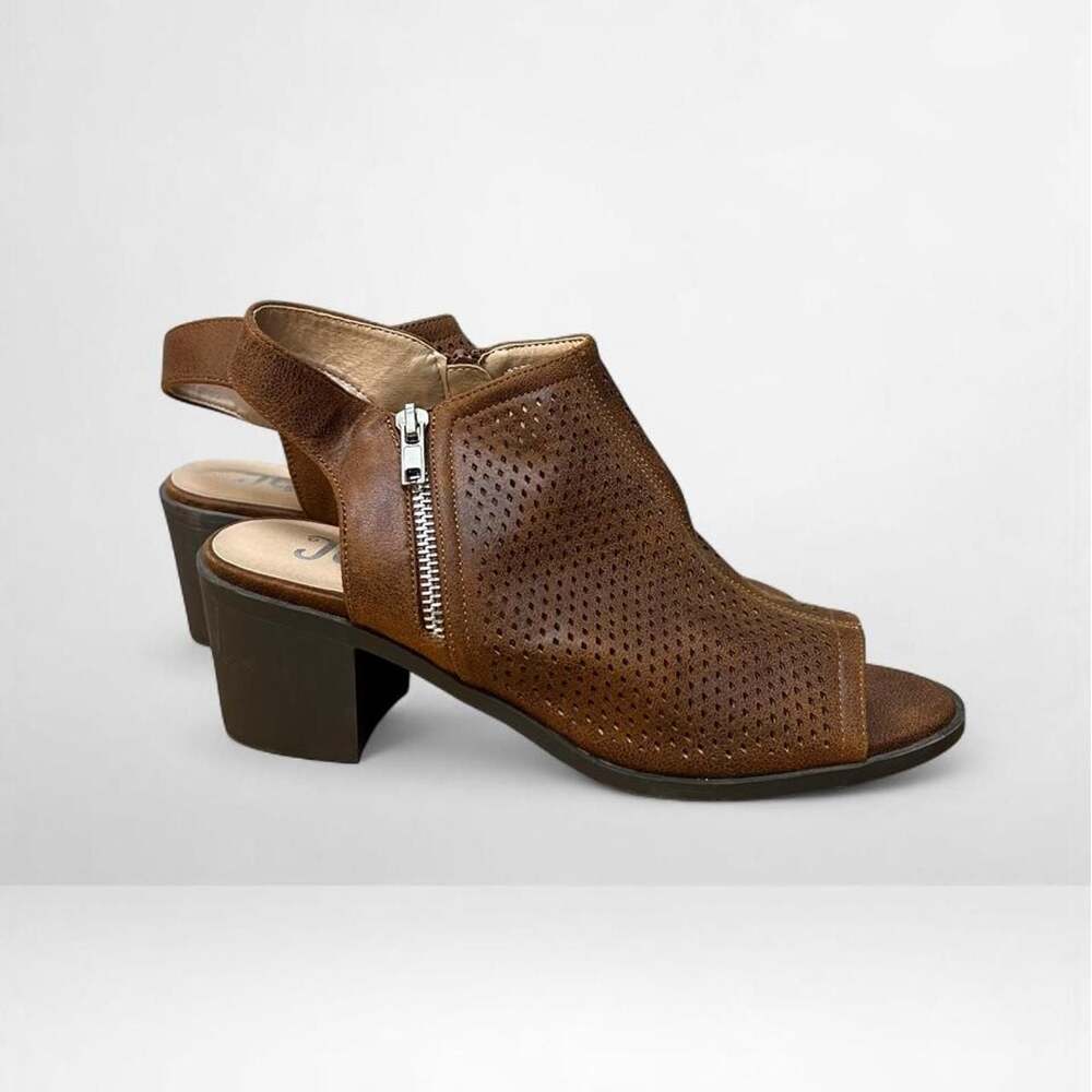 JC Brown Perforated Peep Toe Slingback Block Heel Sandals